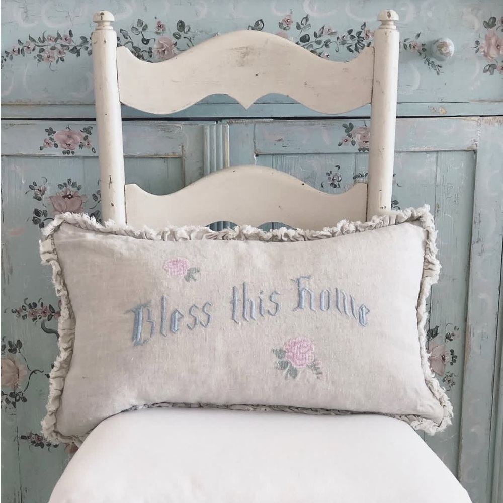 Rachel Ashwell Shabby Chic Couture Bless This Home Pillow Blue Pink Embroidery